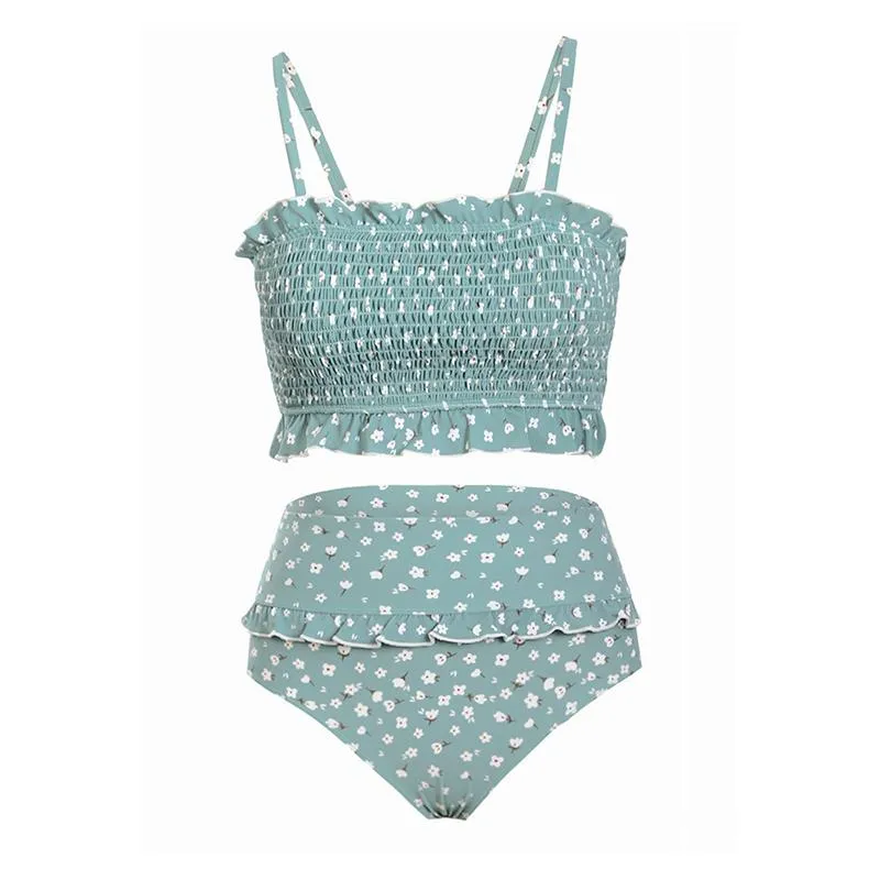 Flowers Printed High Waisted Triangle Two Piece Swimsuits