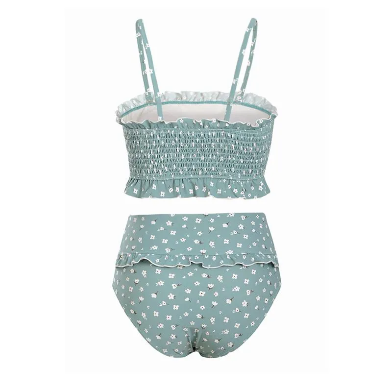 Flowers Printed High Waisted Triangle Two Piece Swimsuits