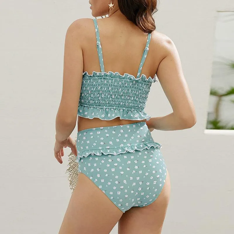 Flowers Printed High Waisted Triangle Two Piece Swimsuits