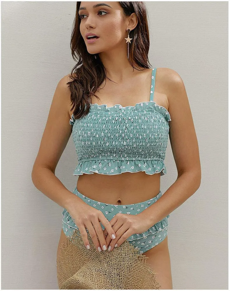Flowers Printed High Waisted Triangle Two Piece Swimsuits