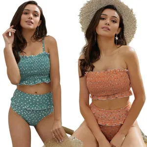 Flowers Printed High Waisted Triangle Two Piece Swimsuits