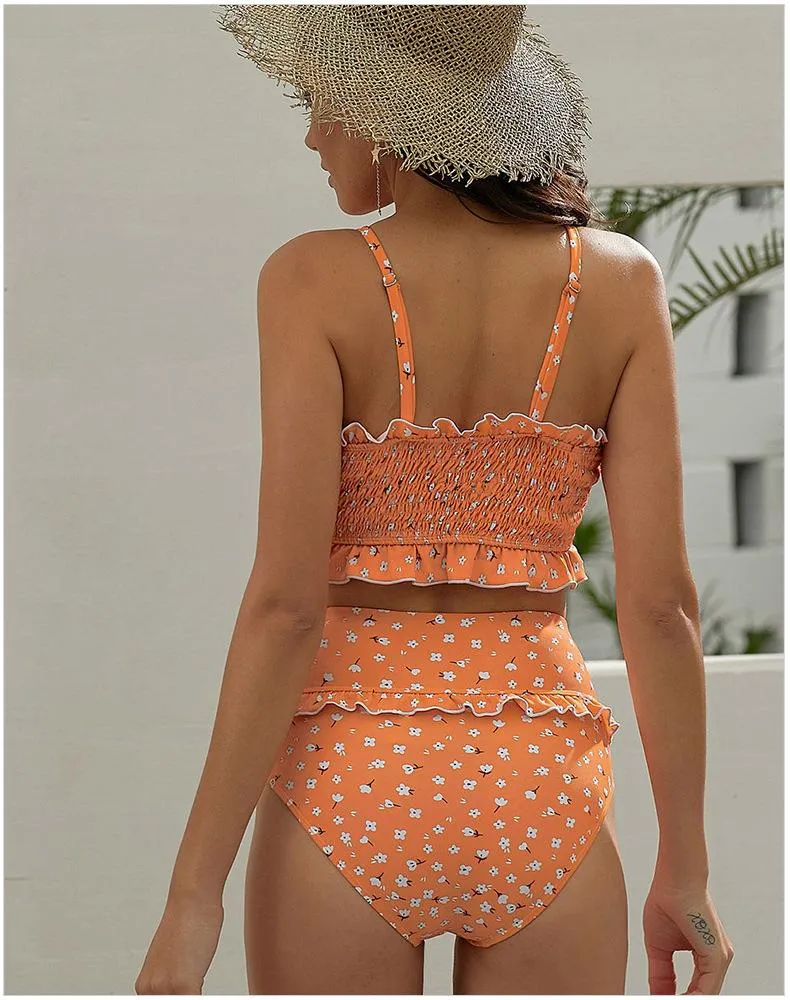 Flowers Printed High Waisted Triangle Two Piece Swimsuits