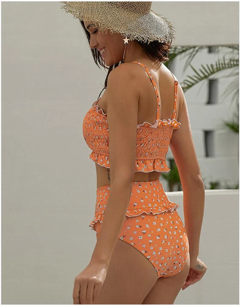 Flowers Printed High Waisted Triangle Two Piece Swimsuits