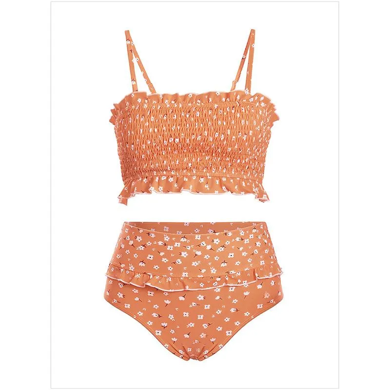 Flowers Printed High Waisted Triangle Two Piece Swimsuits