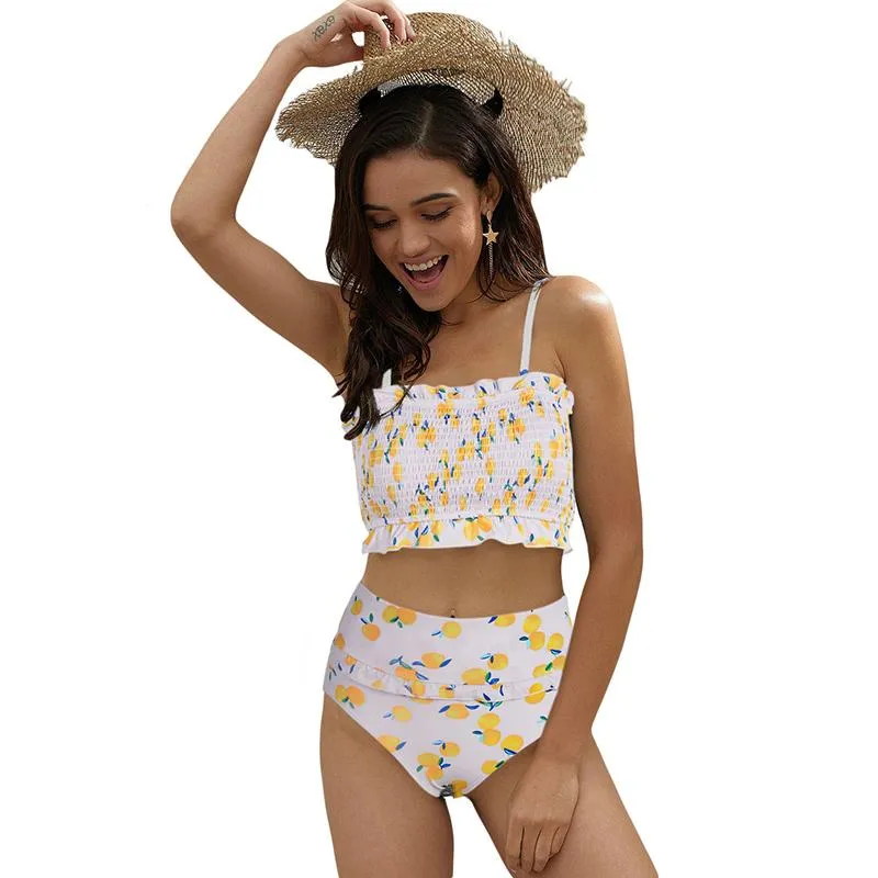 Flowers Printed High Waisted Triangle Two Piece Swimsuits