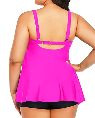 Flowy Plus Size Tankini Swim Top With Boy Shorts For Women-Hot Pink