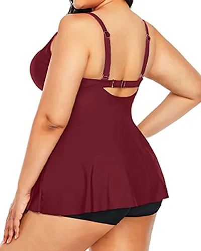 Flowy Plus Size Tankini Swimsuit Tummy Control Bathing Suits For Women-Maroon