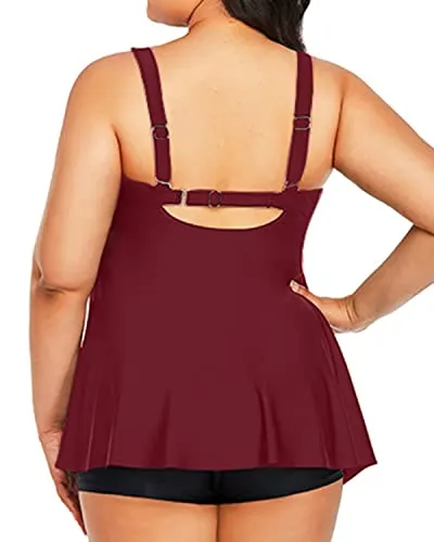 Flowy Plus Size Tankini Swimsuit Tummy Control Bathing Suits For Women-Maroon