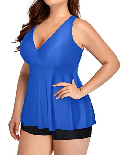 Flowy Plus Size Tankini Tops For Women V Neck Swim Top-Bright Royal Blue