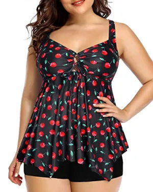 Flowy Top Loose Fit Plus Size Tankini Swimsuits For Women-Black Cherry