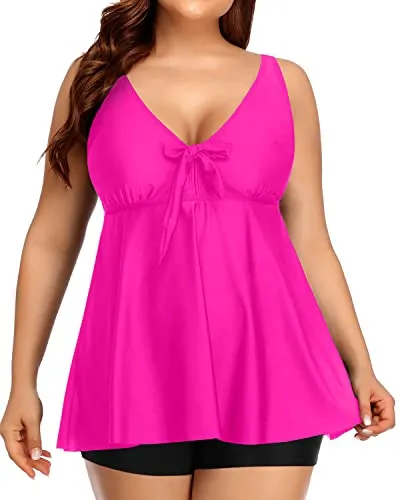 Flowy Two Piece Bathing Suits Shorts For Plus Size Women-Neon Pink And Black