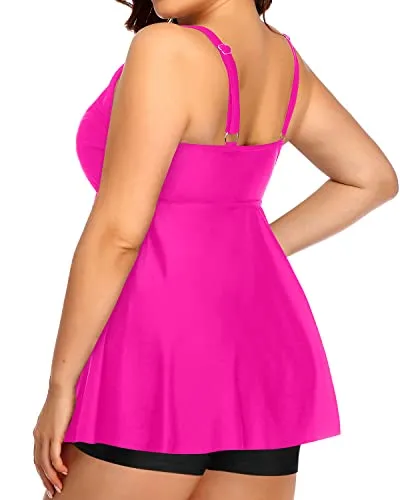 Flowy Two Piece Bathing Suits Shorts For Plus Size Women-Neon Pink And Black