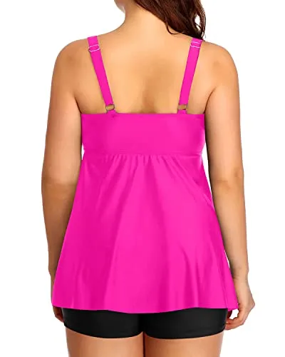 Flowy Two Piece Bathing Suits Shorts For Plus Size Women-Neon Pink And Black