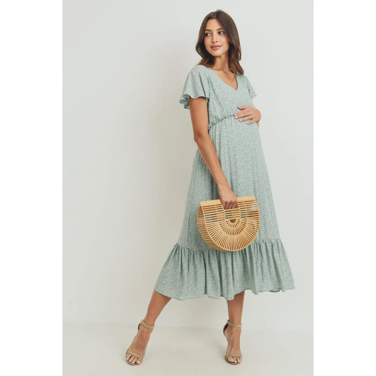 Flutter Sleeve V-Neck Maternity Ruffle Midi Dress