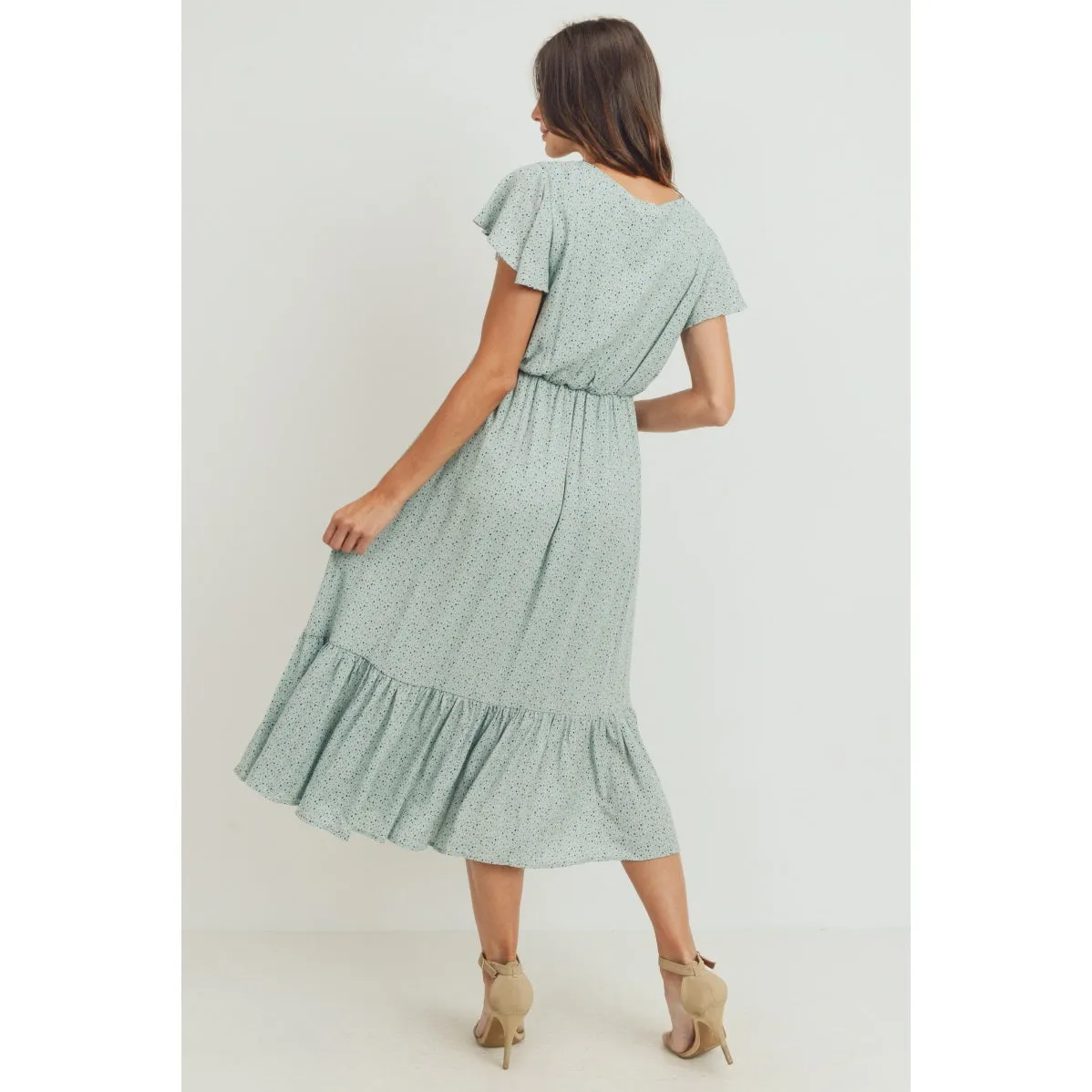 Flutter Sleeve V-Neck Maternity Ruffle Midi Dress