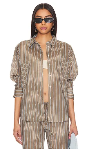 Frankies Bikinis Griffin Poplin Button Up Shirt in Brown