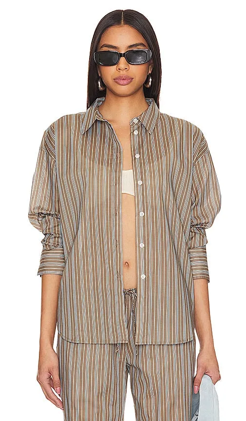 Frankies Bikinis Griffin Poplin Button Up Shirt in Brown