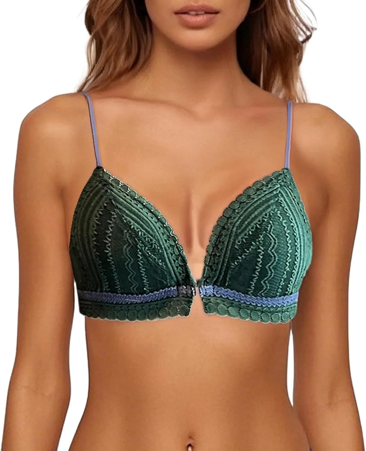 Front Closure Bras for Women Lace Wireless Padded Triangle Bras Color Block Spaghetti Strap Lightly Lined Everyday Bras