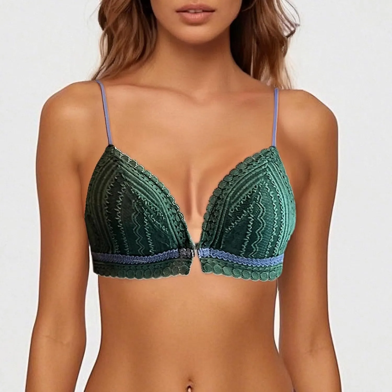 Front Closure Bras for Women Lace Wireless Padded Triangle Bras Color Block Spaghetti Strap Lightly Lined Everyday Bras