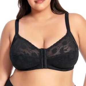 Front Closure Wireless Bras for Women Plus Size No Underwire Comfort Full Coverage Bra Floral Lace Everyday Bralette
