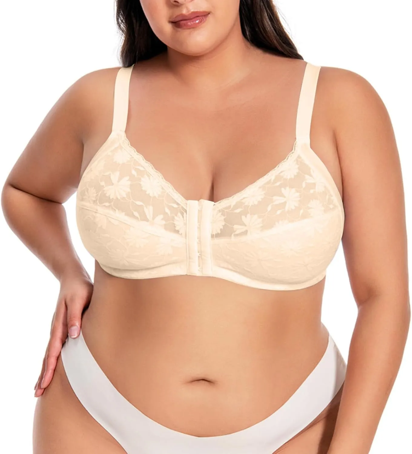 Front Closure Wireless Bras for Women Plus Size No Underwire Comfort Full Coverage Bra Floral Lace Everyday Bralette