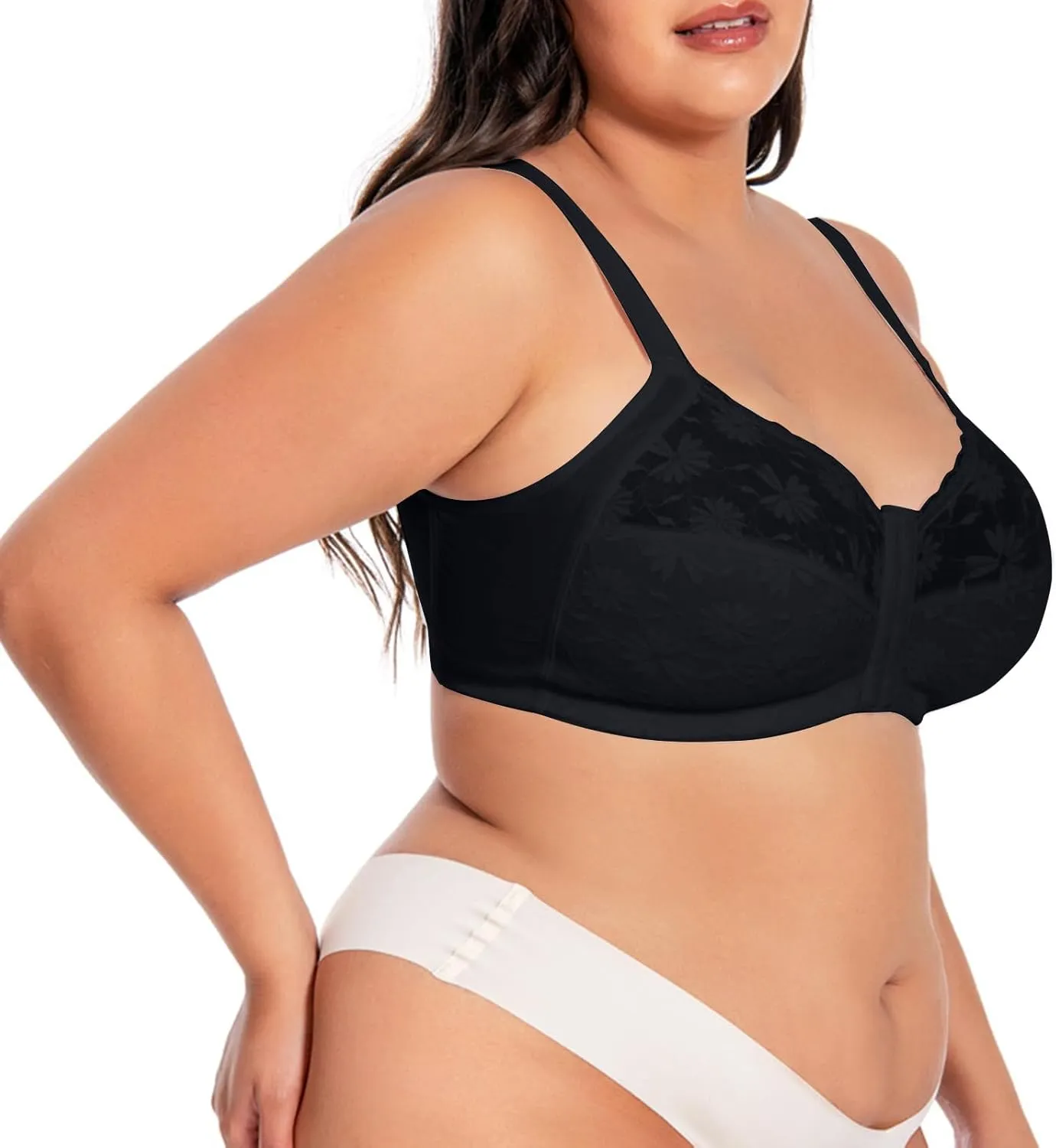 Front Closure Wireless Bras for Women Plus Size No Underwire Comfort Full Coverage Bra Floral Lace Everyday Bralette