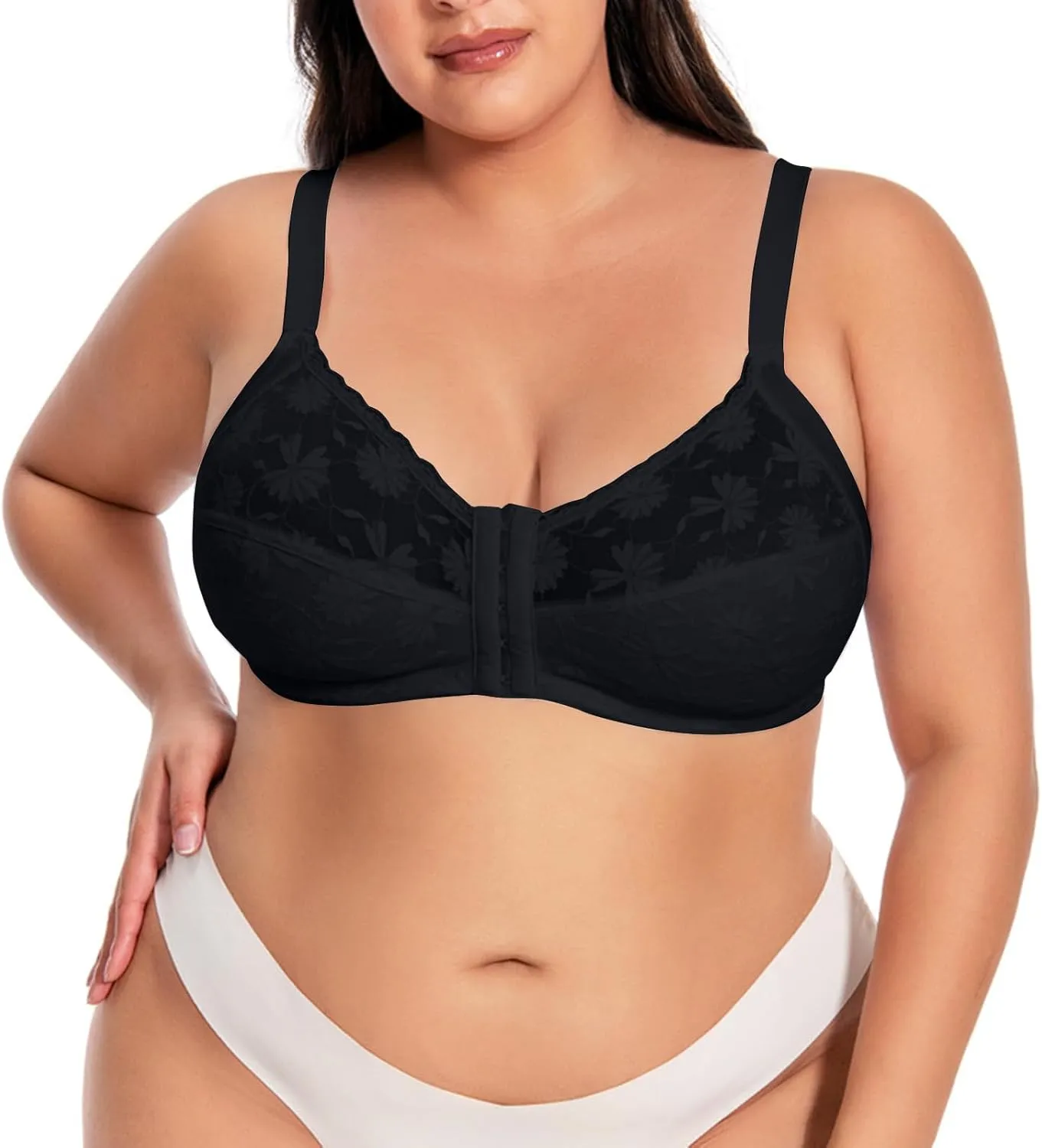 Front Closure Wireless Bras for Women Plus Size No Underwire Comfort Full Coverage Bra Floral Lace Everyday Bralette