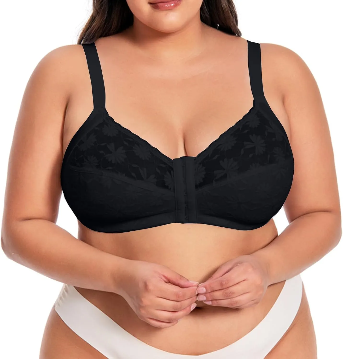 Front Closure Wireless Bras for Women Plus Size No Underwire Comfort Full Coverage Bra Floral Lace Everyday Bralette