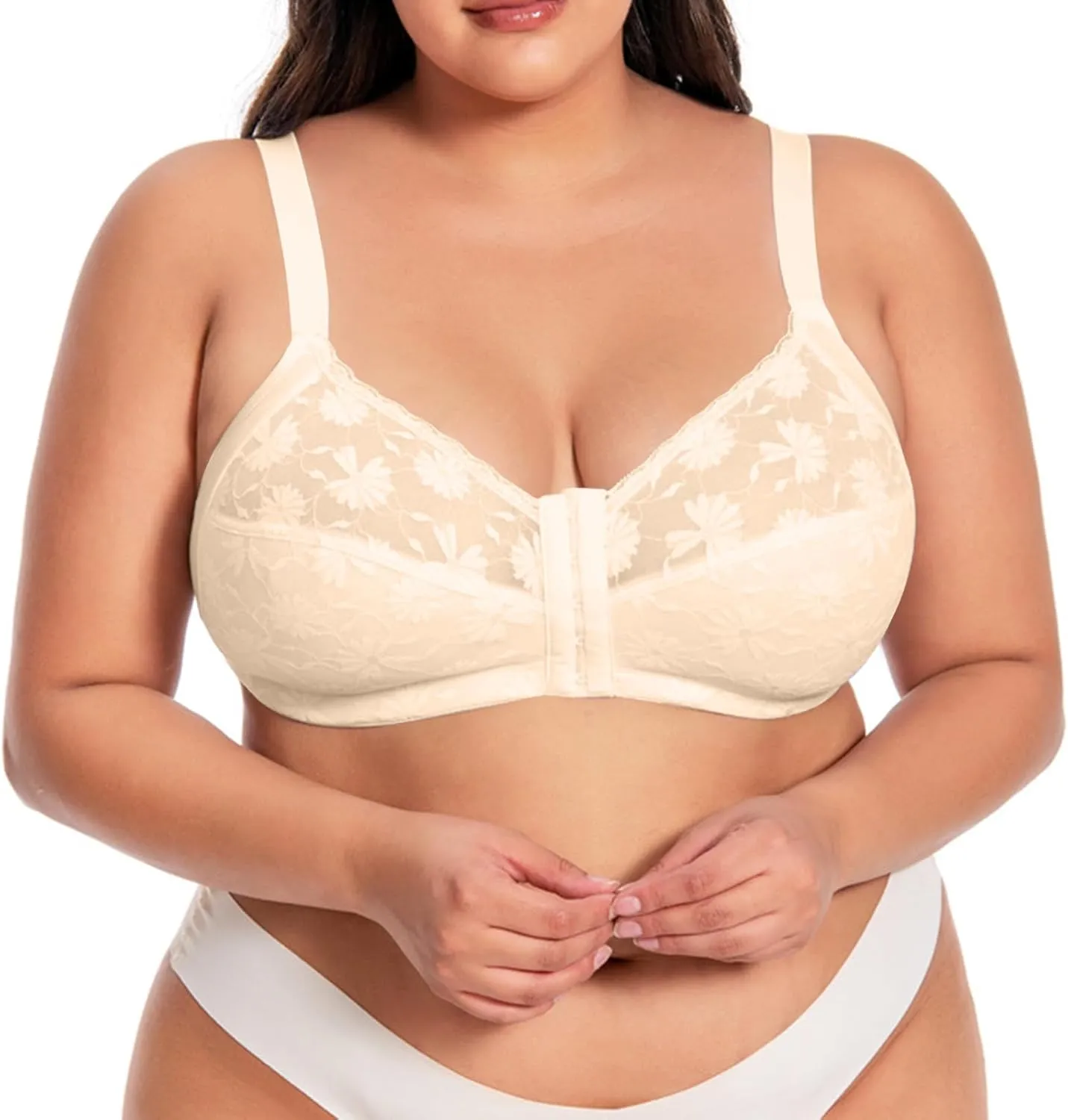 Front Closure Wireless Bras for Women Plus Size No Underwire Comfort Full Coverage Bra Floral Lace Everyday Bralette