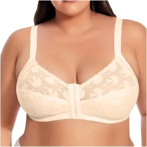 Front Closure Wireless Bras for Women Plus Size No Underwire Comfort Full Coverage Bra Floral Lace Everyday Bralette