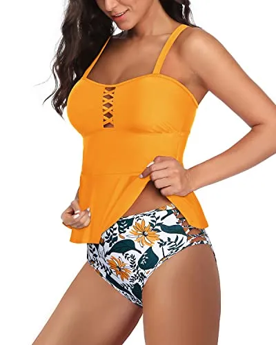 Full Coverage Women's Vintage Style Two Piece Tankini Swimsuits-Yellow Floral