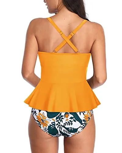 Full Coverage Women's Vintage Style Two Piece Tankini Swimsuits-Yellow Floral