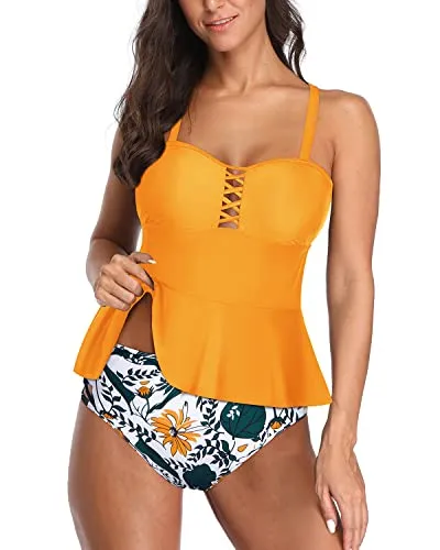 Full Coverage Women's Vintage Style Two Piece Tankini Swimsuits-Yellow Floral