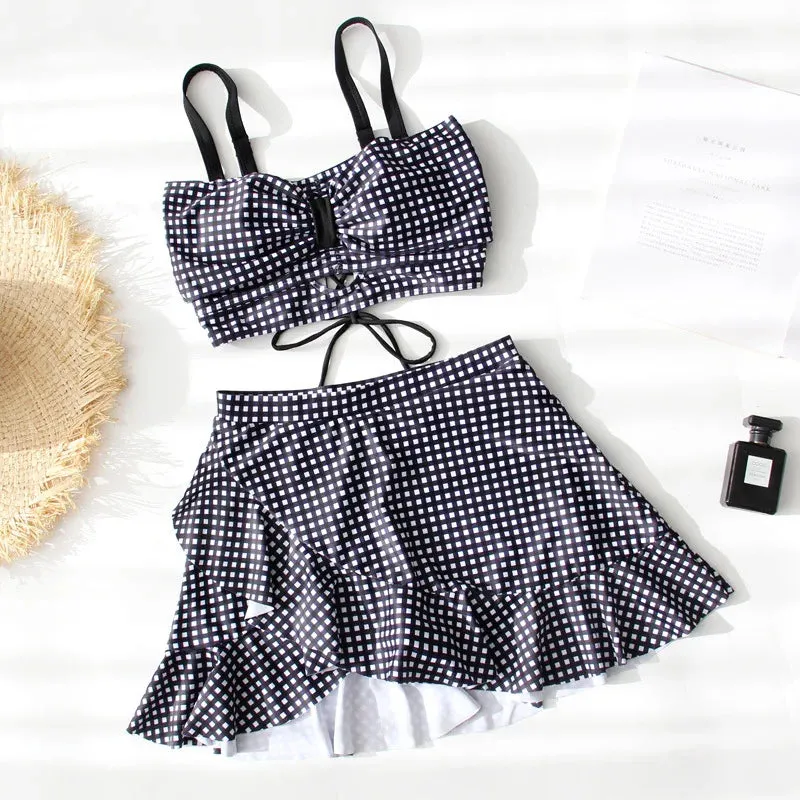 Girlary European And American Fresh Split Body Swimsuit, Women's Sexy Half Skirt Plaid Suspender Strapless Tight Fitting Bikini Swimsuit