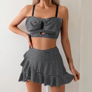 Girlary European And American Fresh Split Body Swimsuit, Women's Sexy Half Skirt Plaid Suspender Strapless Tight Fitting Bikini Swimsuit