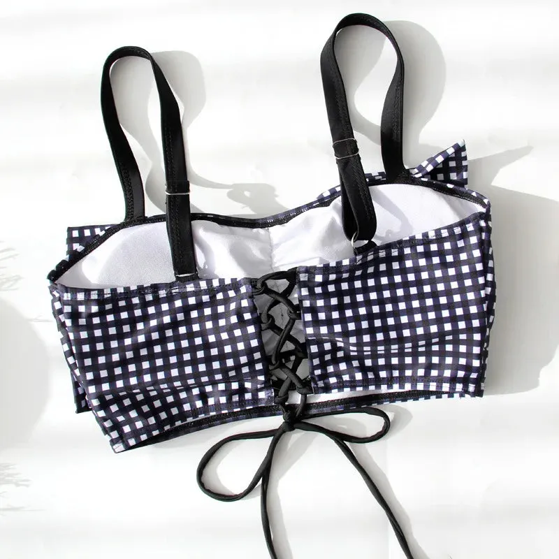 Girlary European And American Fresh Split Body Swimsuit, Women's Sexy Half Skirt Plaid Suspender Strapless Tight Fitting Bikini Swimsuit