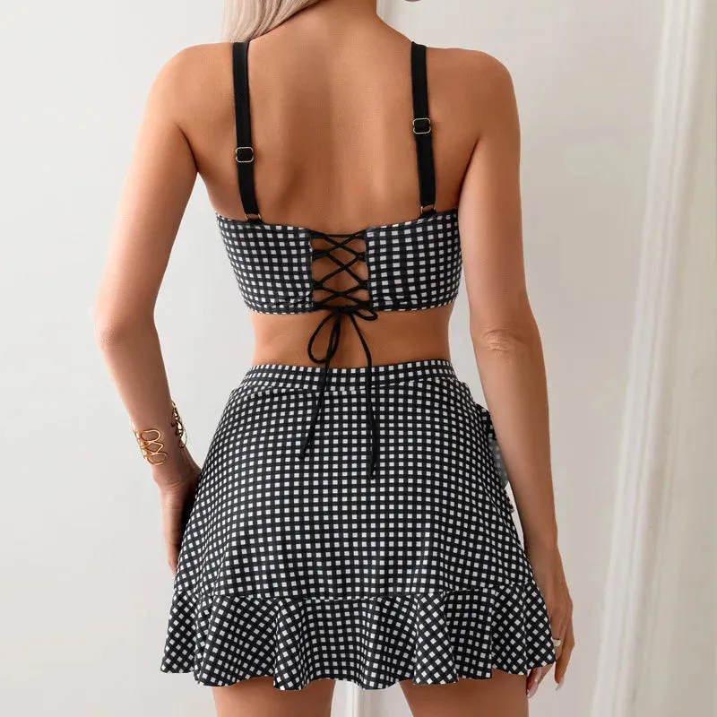 Girlary European And American Fresh Split Body Swimsuit, Women's Sexy Half Skirt Plaid Suspender Strapless Tight Fitting Bikini Swimsuit