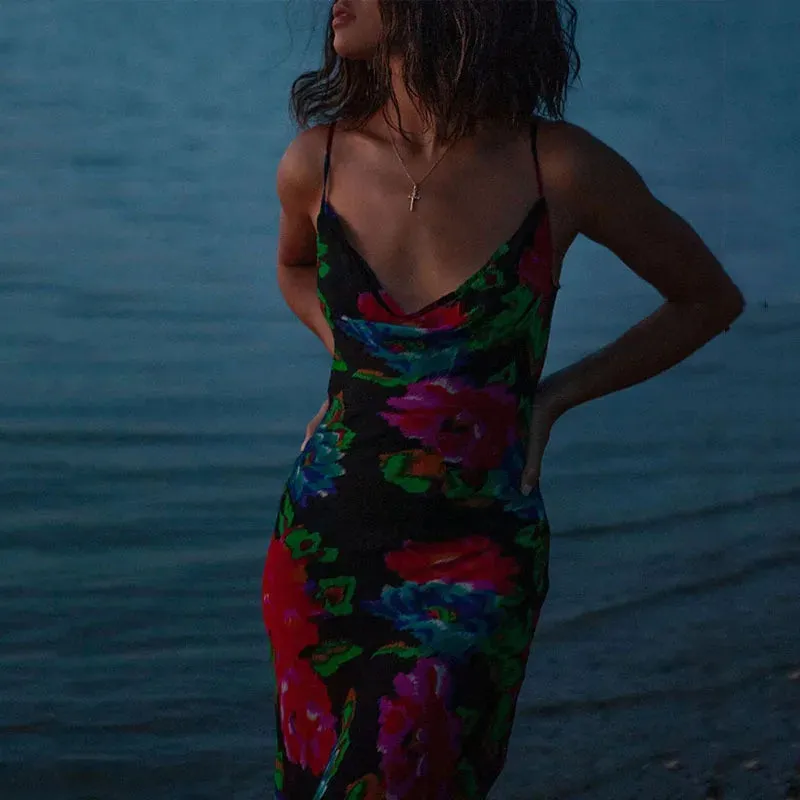 Girlary Women Maxi Dress Summer Sexy Sleeveless Floral Printed V Neck Suspender Backless Beach Party Dresses High Streetwear