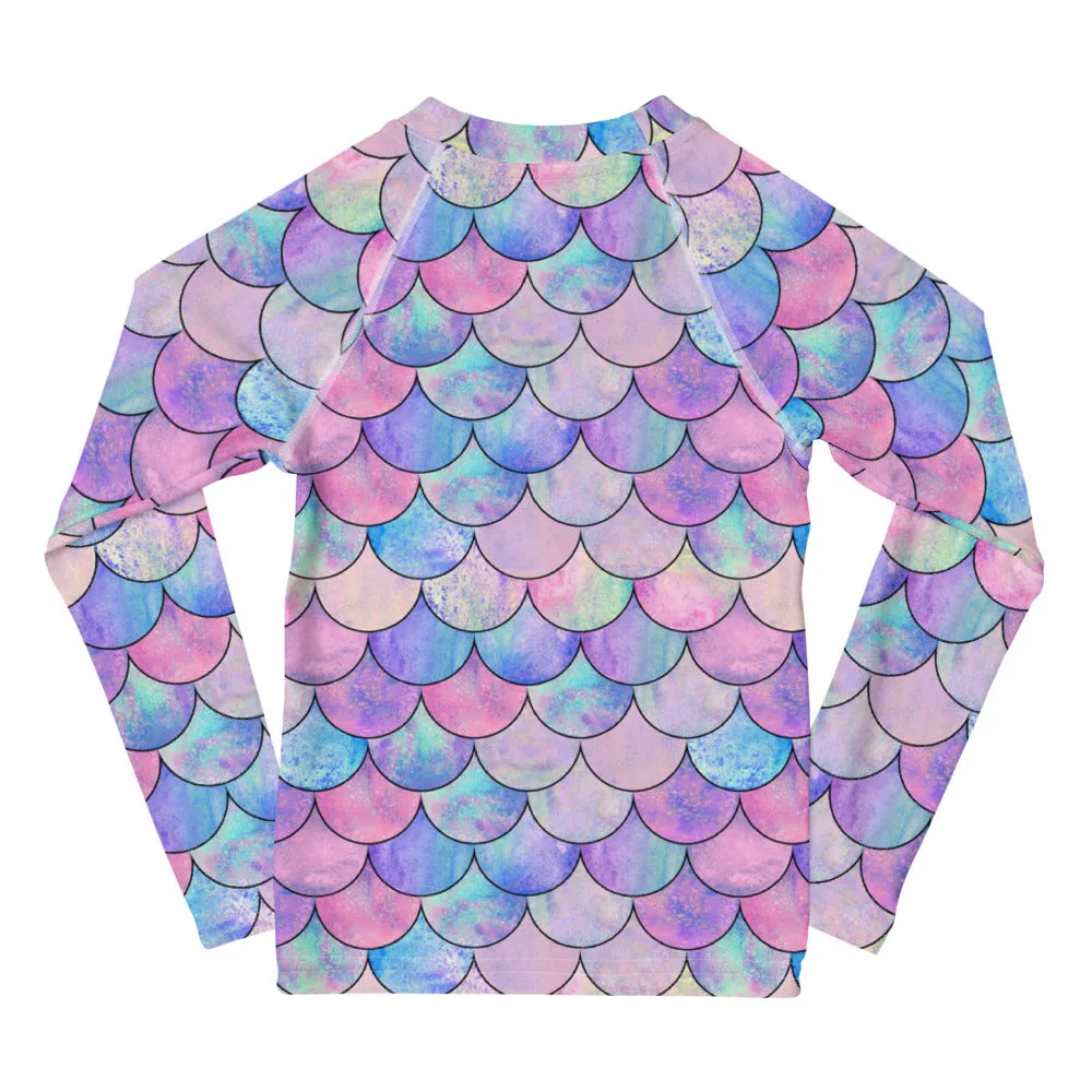 Girls (2T-7) UPF 50 Rash Guard Sun Shirt- Pastel Mermaid Scales