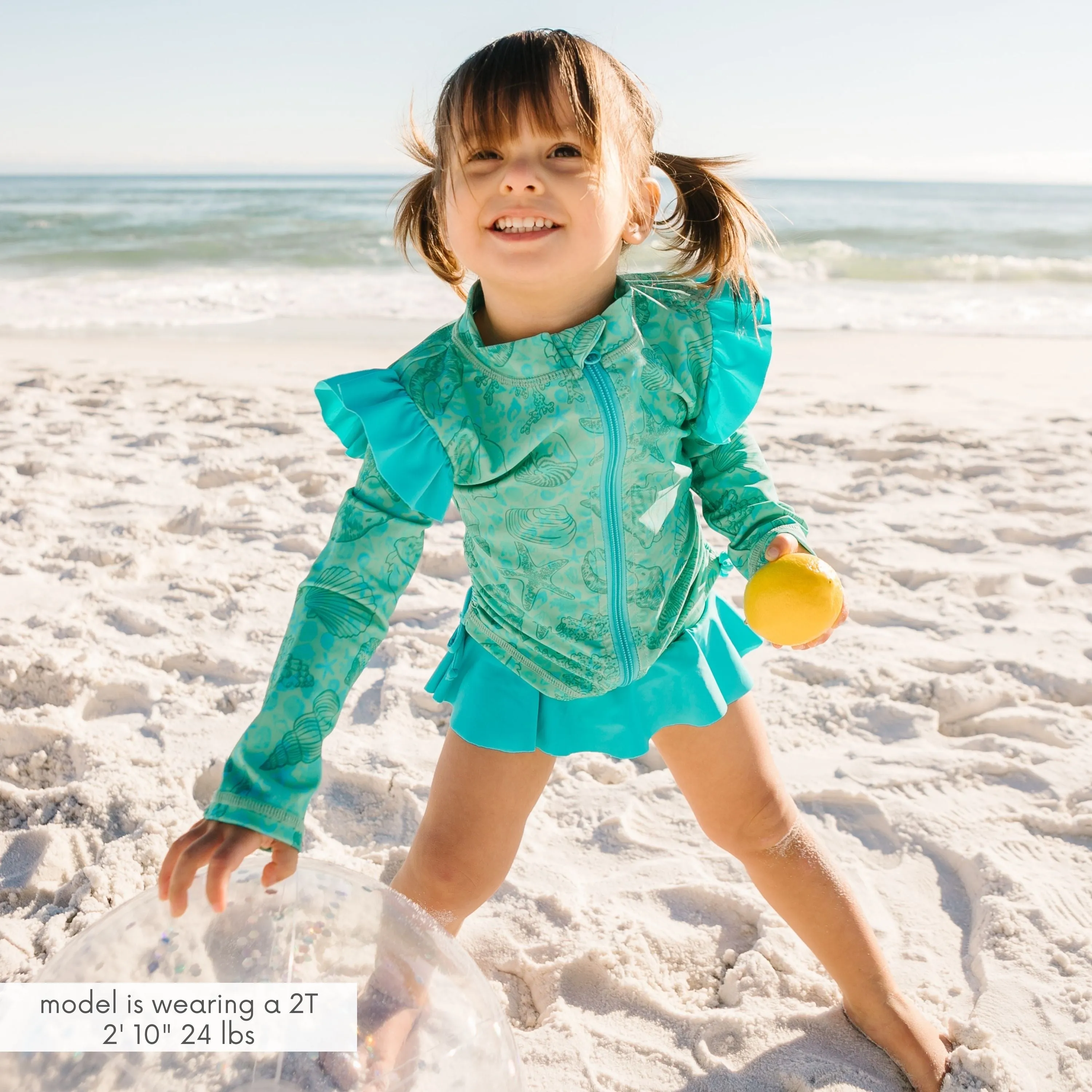 Girls Long Sleeve Rash Guard Ruffle Bottom Swimsuit Set (2 Piece) | "Seashell"