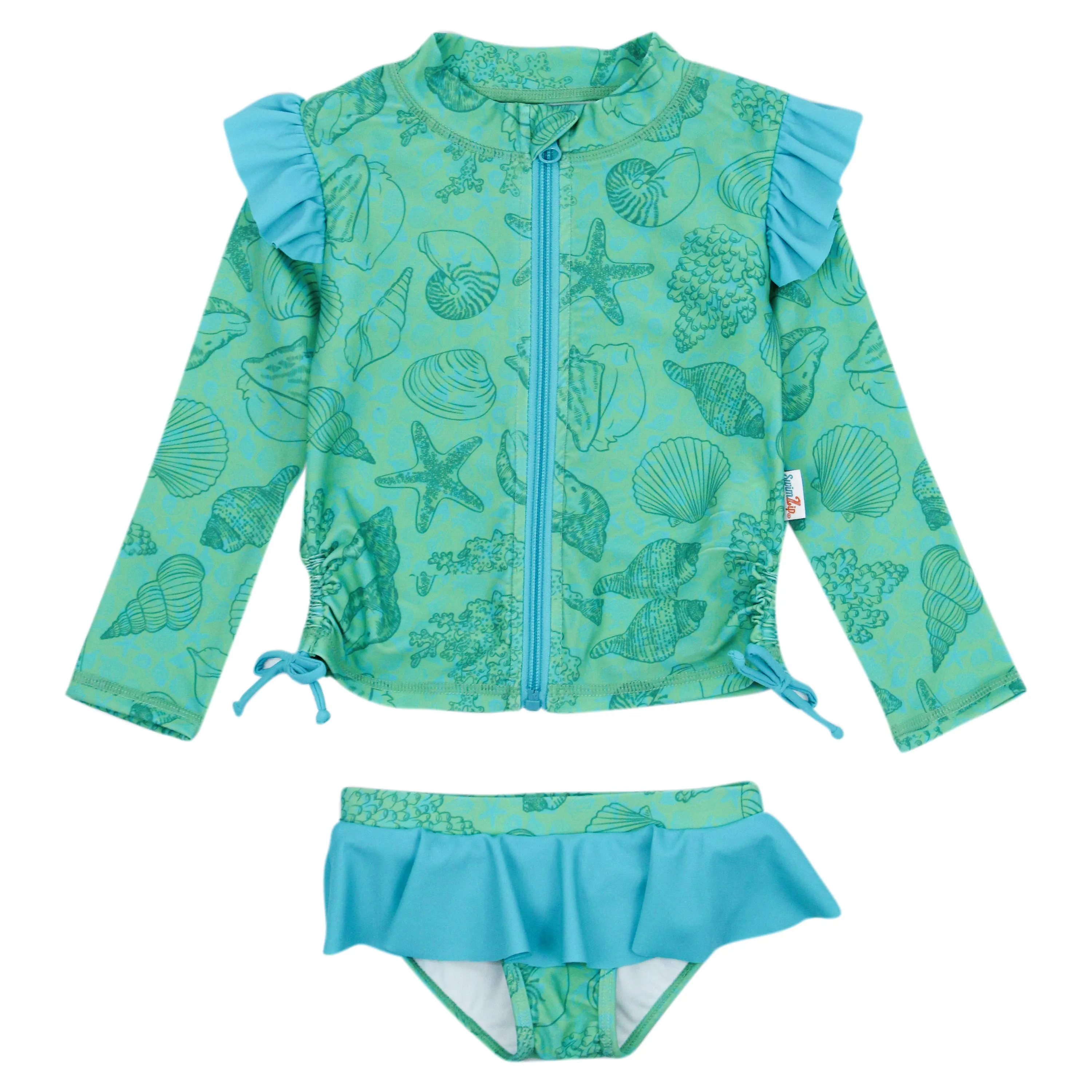 Girls Long Sleeve Rash Guard Ruffle Bottom Swimsuit Set (2 Piece) | "Seashell"