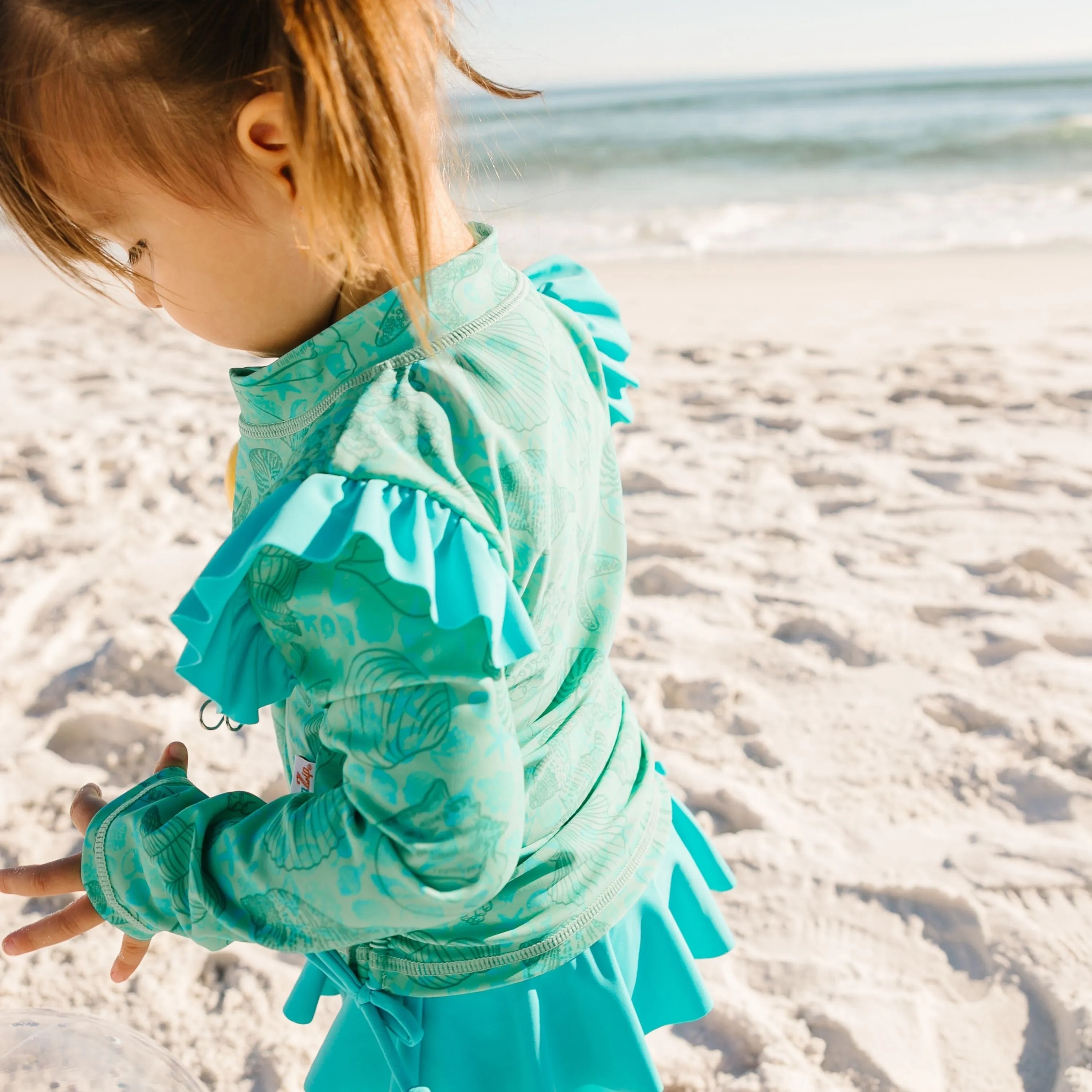Girls Long Sleeve Rash Guard Ruffle Bottom Swimsuit Set (2 Piece) | "Seashell"