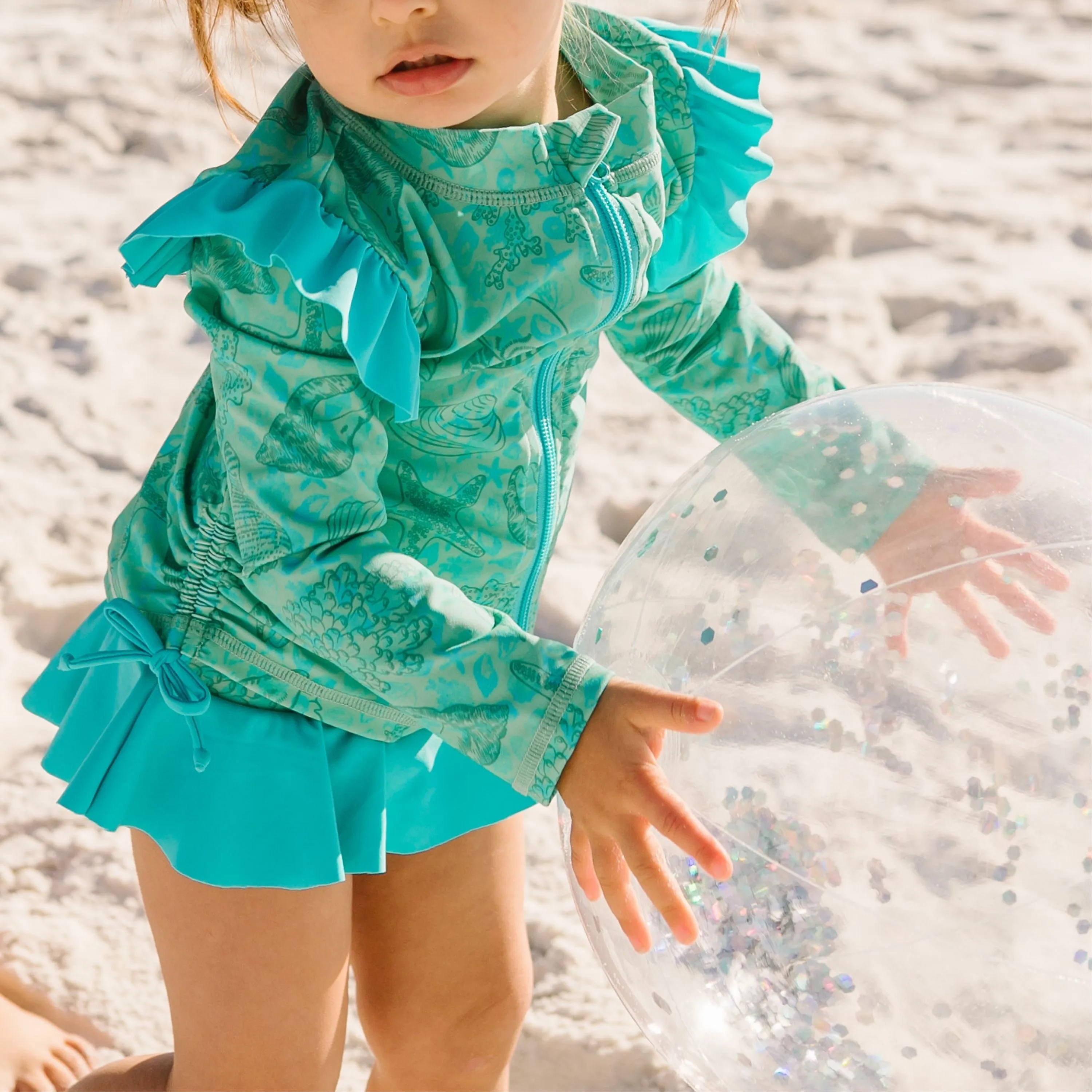 Girls Long Sleeve Rash Guard Ruffle Bottom Swimsuit Set (2 Piece) | "Seashell"