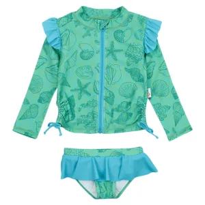 Girls Long Sleeve Rash Guard Ruffle Bottom Swimsuit Set (2 Piece) | "Seashell"