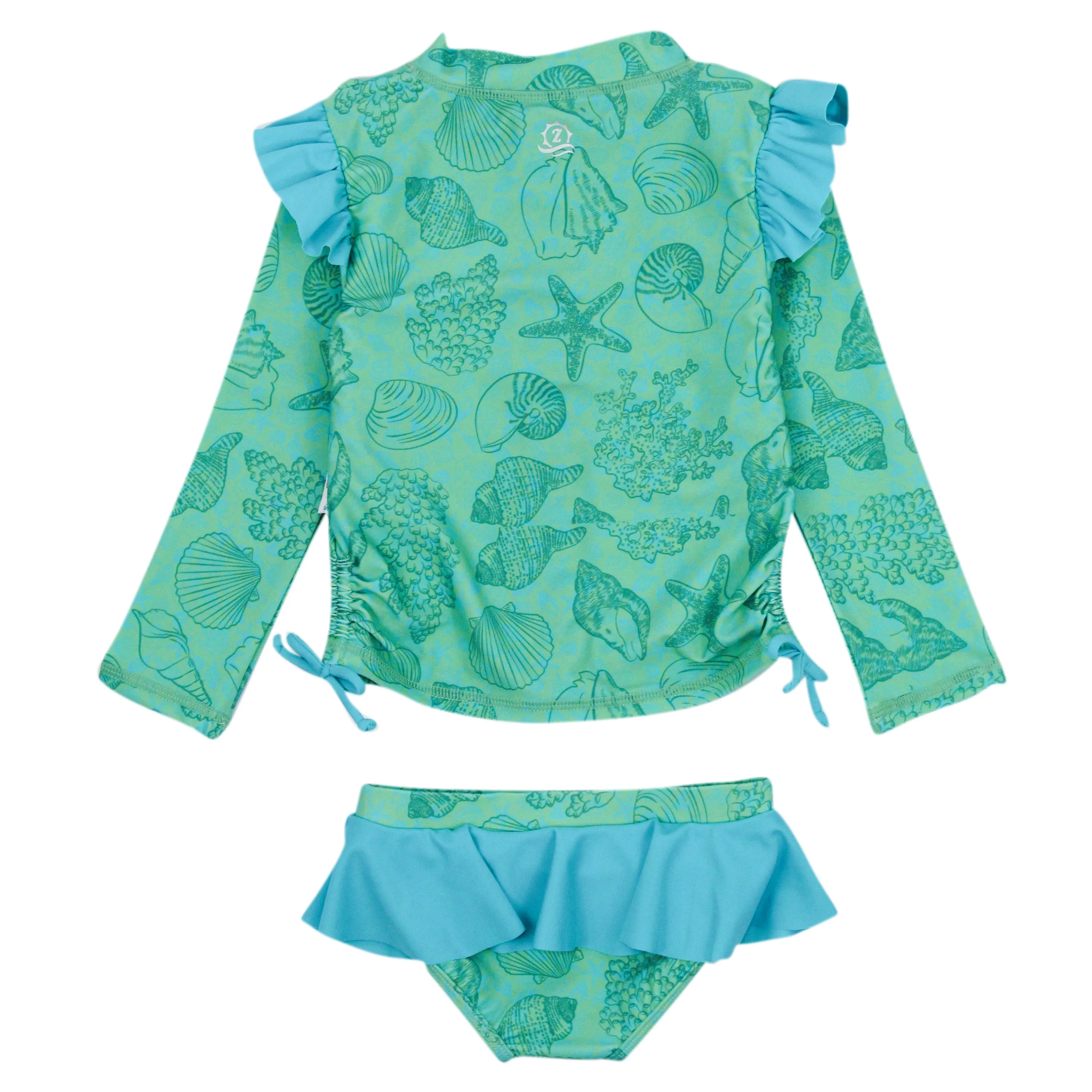 Girls Long Sleeve Rash Guard Ruffle Bottom Swimsuit Set (2 Piece) | "Seashell"