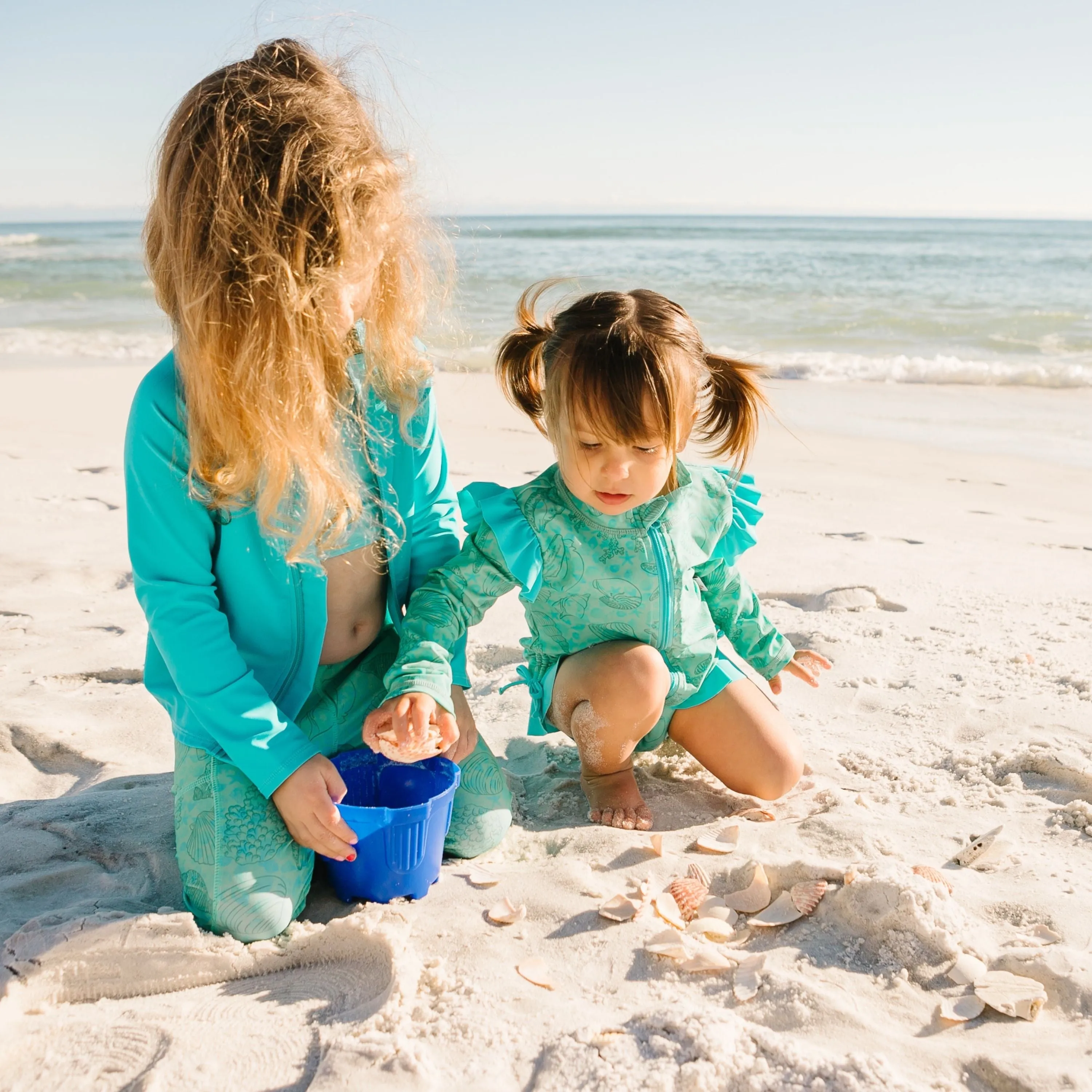 Girls Long Sleeve Rash Guard Ruffle Bottom Swimsuit Set (2 Piece) | "Seashell"