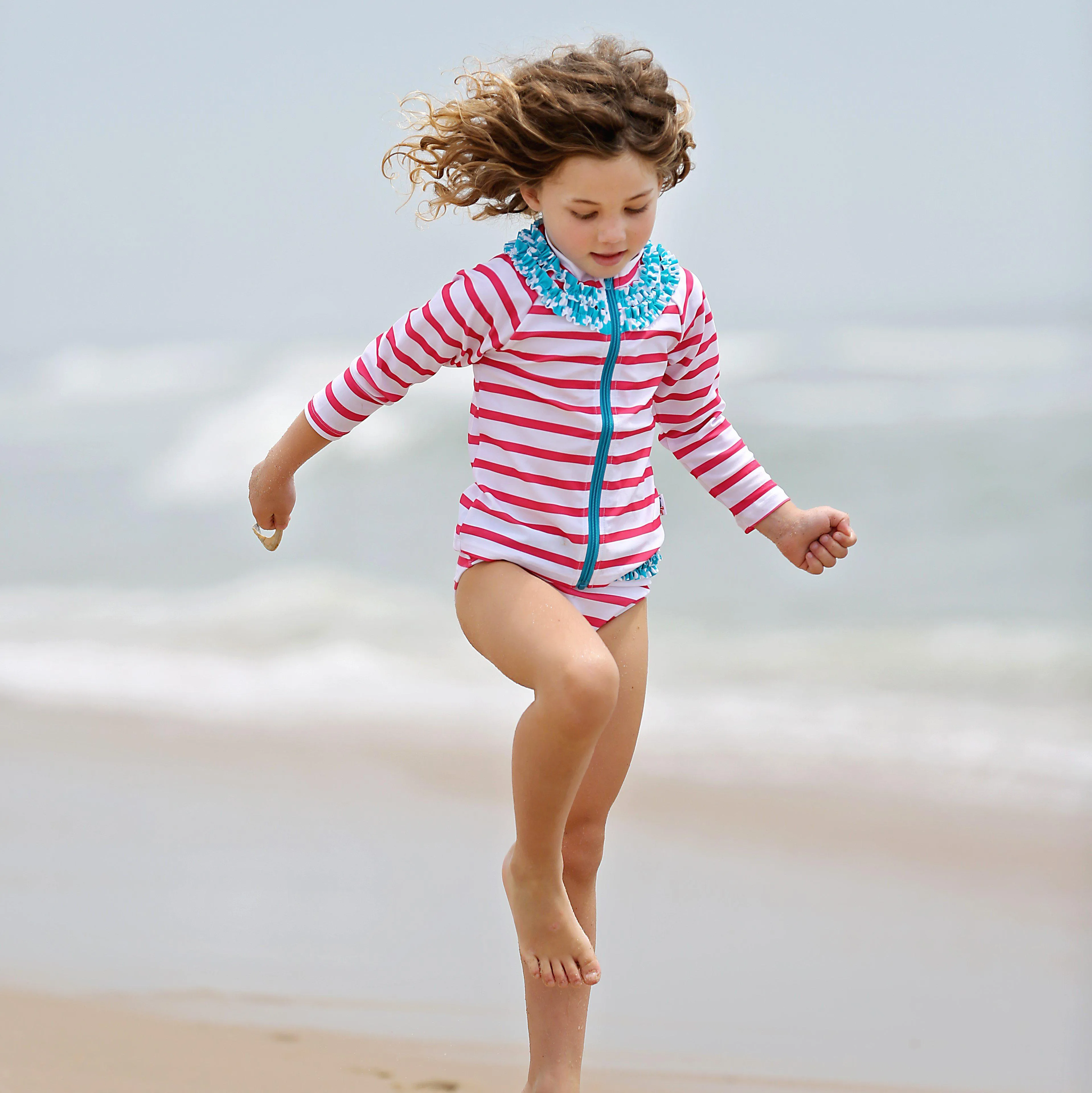 Girls Long Sleeve Rash Guard Ruffle Swimsuit Set (2 Piece) - "Splish Splash"