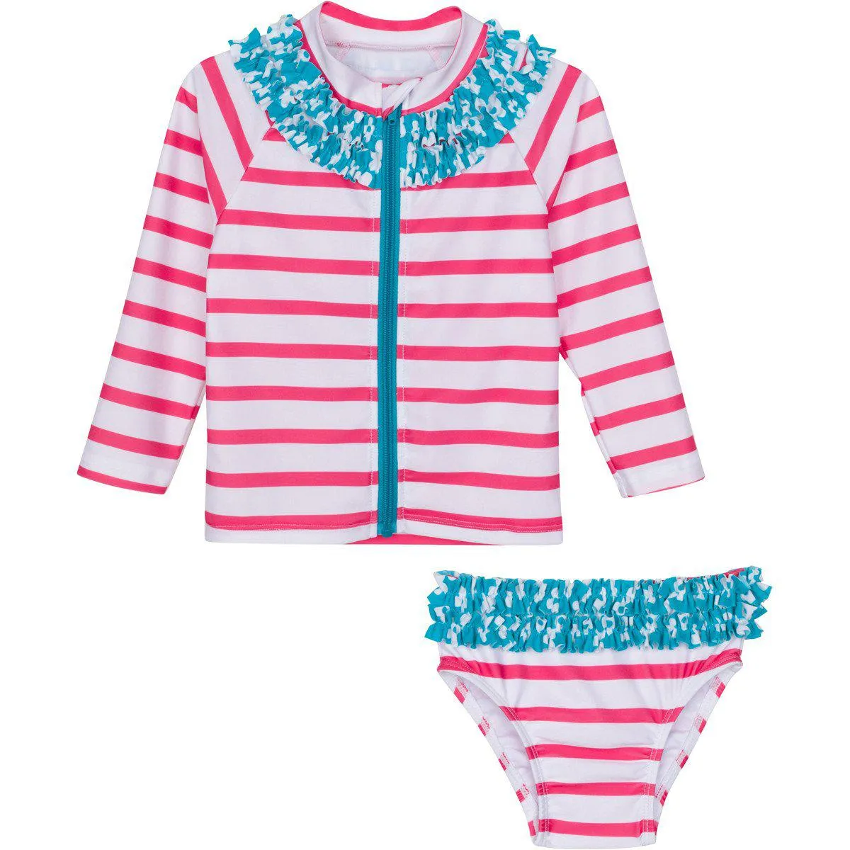 Girls Long Sleeve Rash Guard Ruffle Swimsuit Set (2 Piece) - "Splish Splash"