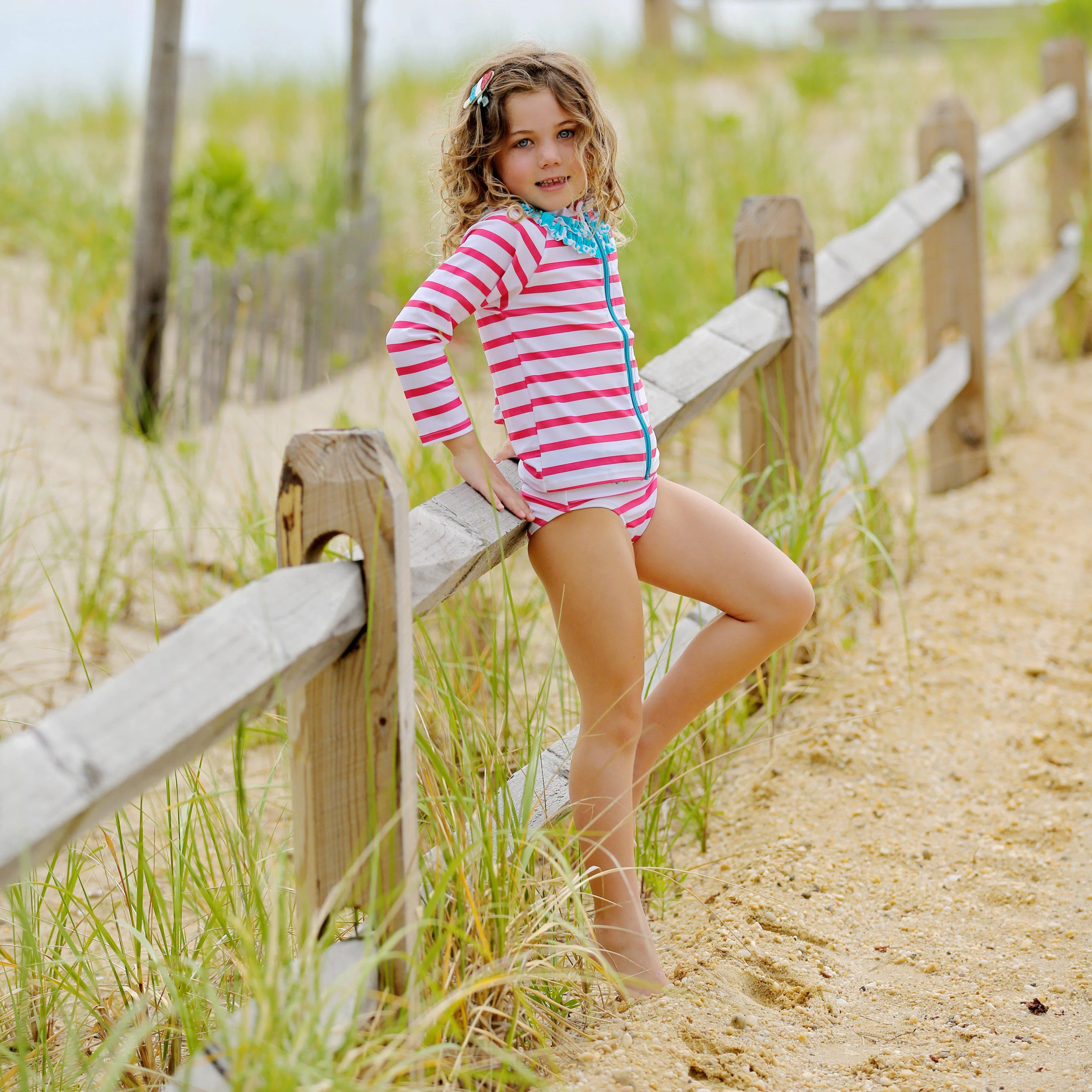Girls Long Sleeve Rash Guard Ruffle Swimsuit Set (2 Piece) - "Splish Splash"