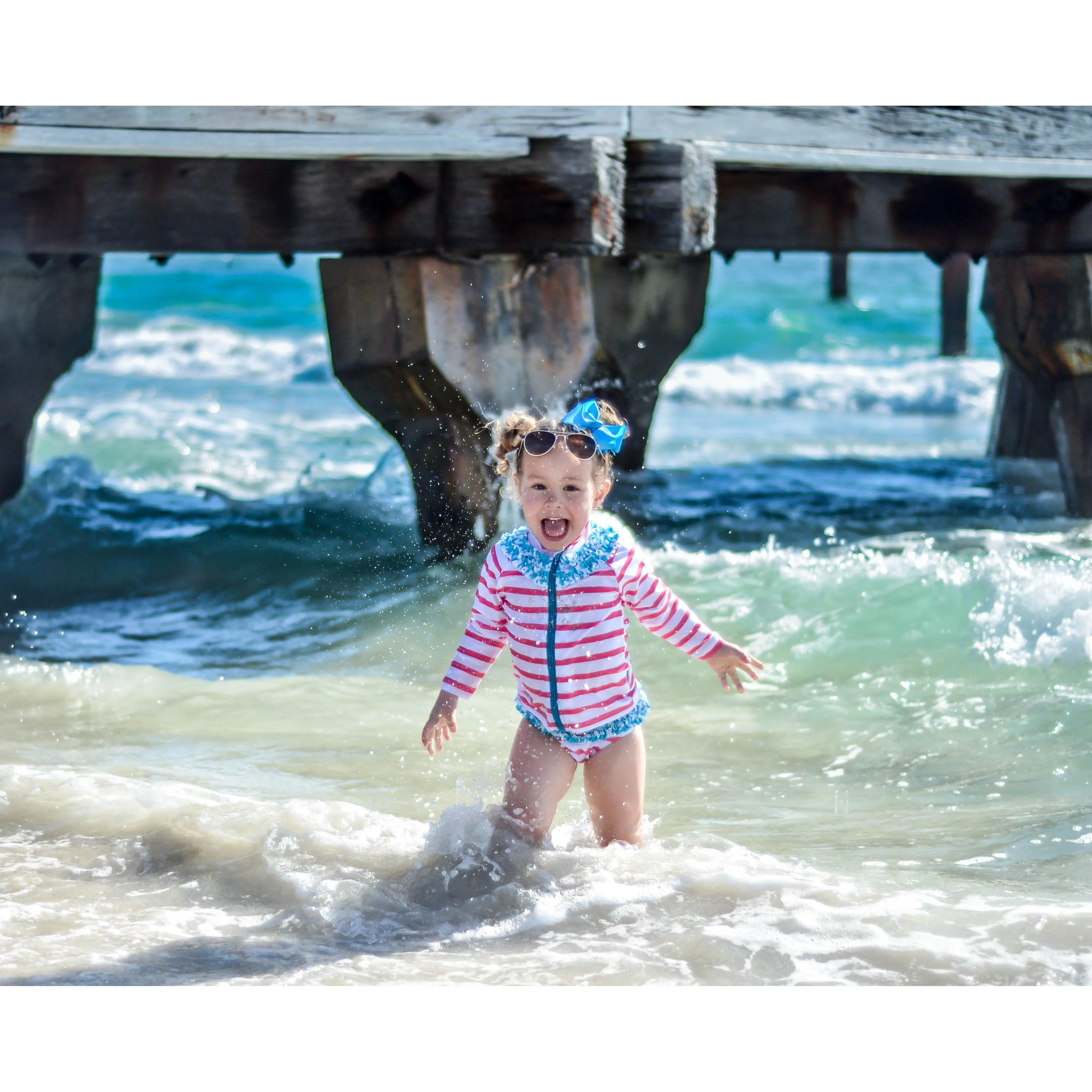 Girls Long Sleeve Rash Guard Ruffle Swimsuit Set (2 Piece) - "Splish Splash"